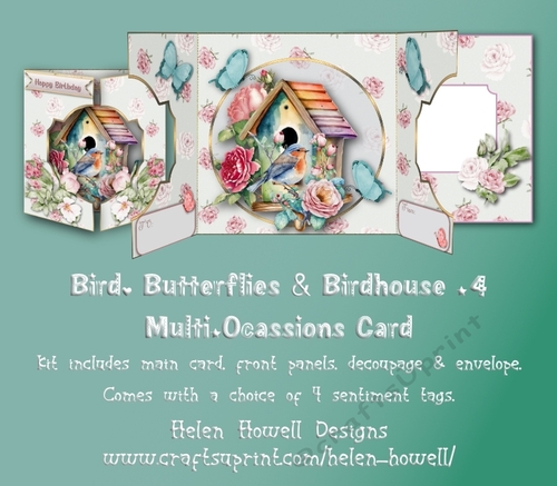 Bird, Butterflies & Birdhouse 4 - Double Gatefold Card