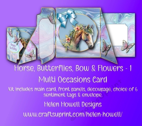 Horse, Butterflies, Bow & Flowers 1 - Double Fold Card 