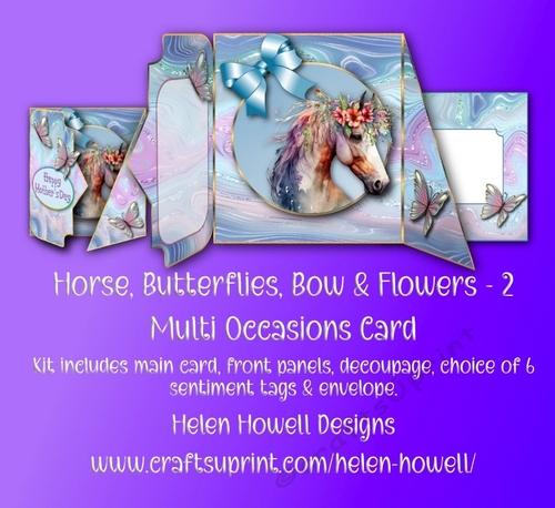 Horse, Butterflies, Bow & Flowers 2 - Double Fold Card 