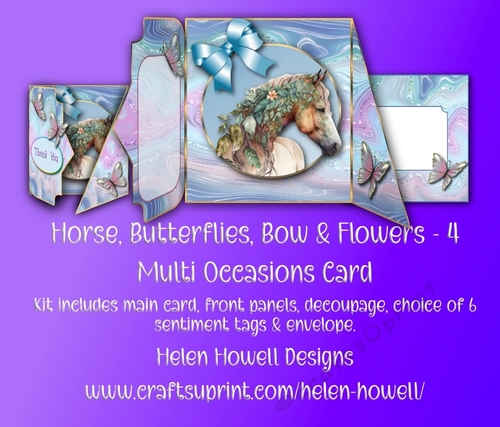 Horse, Butterflies, Bow & Flowers 4 - Double Fold Card 