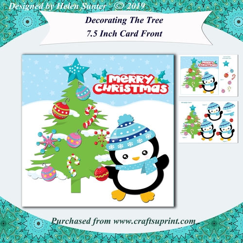 Penguin Decorating the Christmas Tree 7.5 Inch Card Front with Decoupage