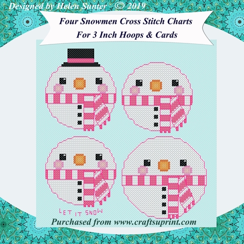 Four Cross Stitch Christmas Snowmen in Pink for 3 Inch Hoops and Aperture Cards