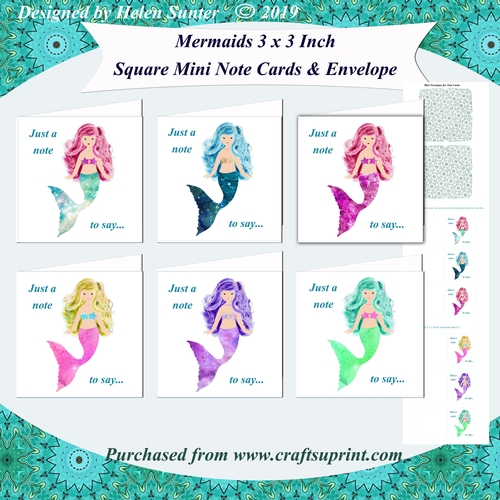 Mermaids 3 x 3 Inch Square Mini Note Cards and Envelope Set