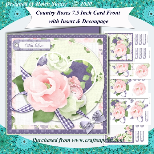 Country Roses 7.5 Inch Decoupage Card Front, Insert & Extra Sentiment Tags