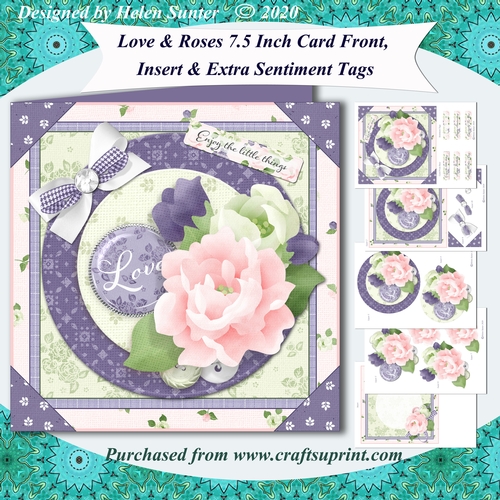 Love and Roses 7.5 Inch Decoupage Card Front, Insert & Sentiment Tags