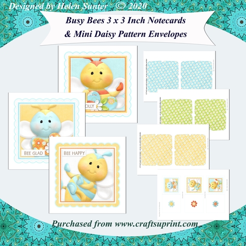 Busy Bees 3 Inch Square Notecards & Daisy Pattern Envelopes Bee Jolly Bee Happy Bee Glad