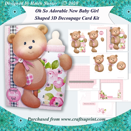 Oh So Adorable New Baby Girl Shaped 3D Decoupage Complete Card Kit