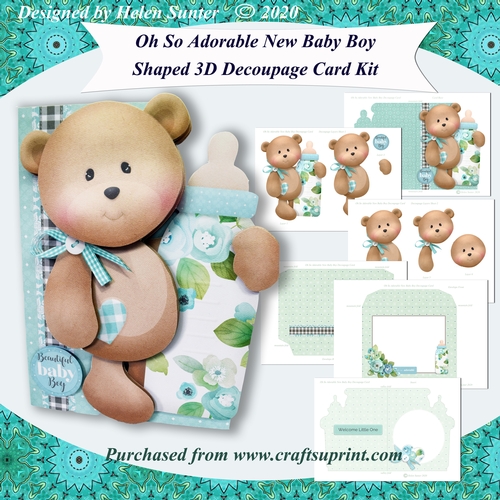 Oh So Adorable New Baby Boy Shaped 3D Decoupage Complete Card Kit