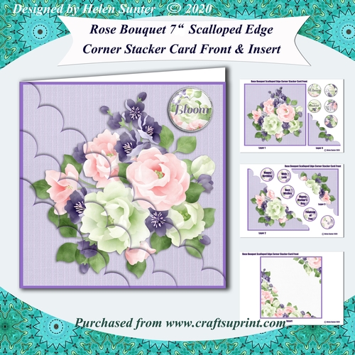 Rose Bouquet 7 Inch Scalloped Edge Corner Stacker Card Front & Insert