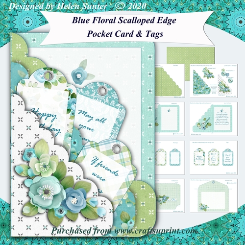 Blue Floral Scalloped Edge Pocket Card with Tags 