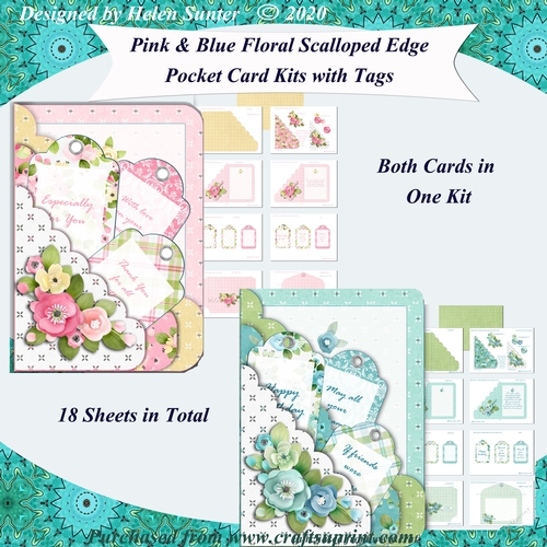 Pink & Blue Floral Scalloped Edge Pocket Cards Combined Kit 
