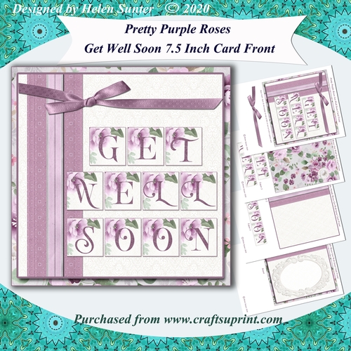Pretty Purple Roses 7.5 Inch Get well Soon Card Front with Decoupage and Insert