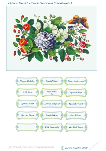 Chinese Floral Art 5 x 7 Inch Card Front and Sentiments no.3