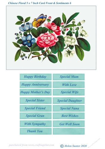 Chinese Floral Art 5 x 7 Inch Card Front and Sentiments no.6
