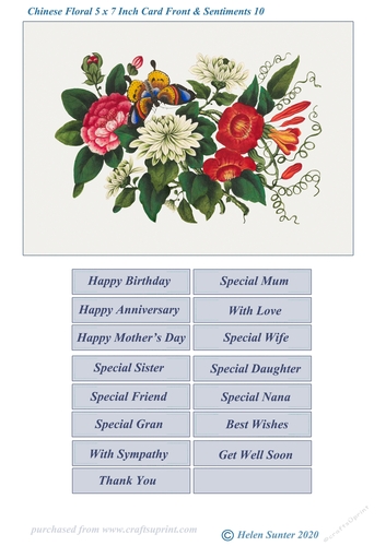 Chinese Floral Art 5 x 7 Inch Card Front and Sentiments no.10