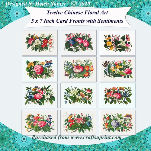 Twelve Chinese Floral Art 5 x 7 Inch Card Front and Sentiments Bumper Kit