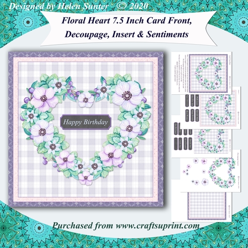 Floral Heart 7.5 Inch Card Front Topper with Decoupage, Insert & Sentiment Tiles No.7