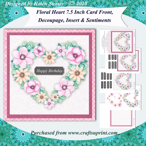Floral Heart 7.5 Inch Card Front Topper with Decoupage, Insert & Sentiment Tiles No.8