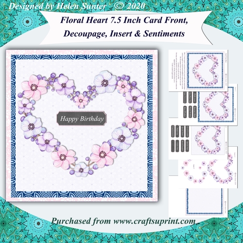 Floral Heart 7.5 Inch Card Front Topper with Decoupage, Insert & Sentiment Tiles No.9