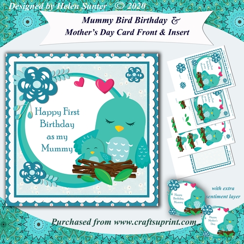Mummy and Baby Bird Birthday & Mothers Day 7.5 Inch Card Front and Insert 