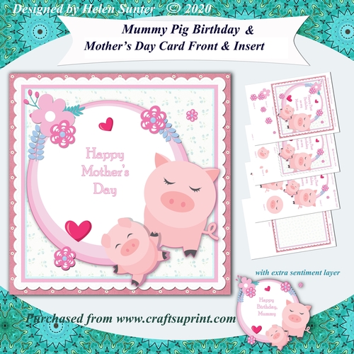Mummy and Baby Pig Birthday and Mothers Day 7.5 Inch Card Front and Insert