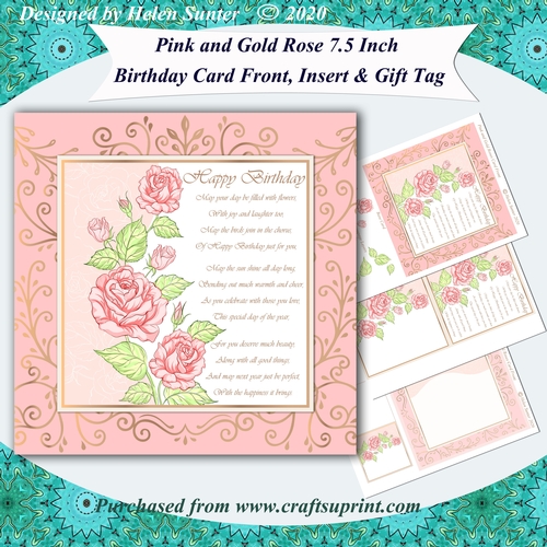 Pink and Gold 7.5 Inch Roses Birthday Card Front, Insert and Gift Tag