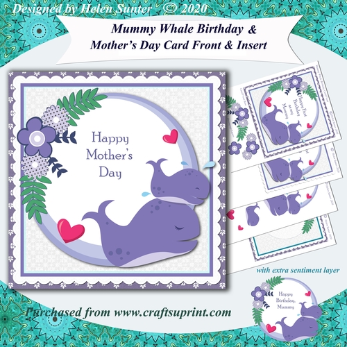 Mummy and Baby Whale Birthday and Mothers Day 7.5 Inch Card Front and Insert