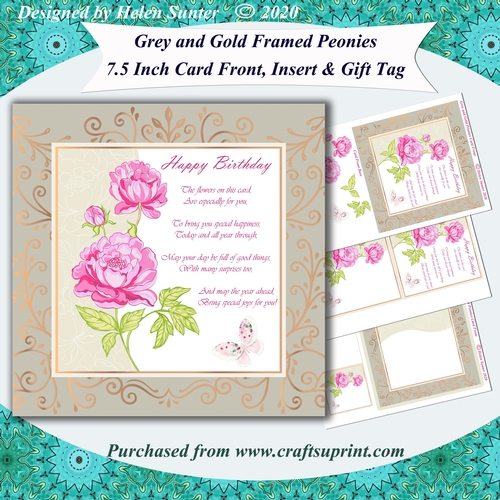 Grey and Gold Framed Peonies Birthday Card Front with Insert and Gift Tag