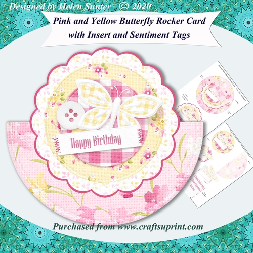 Pink and Yellow Butterfly Over the Top Rocker Card with Insert and Sentiment Tags