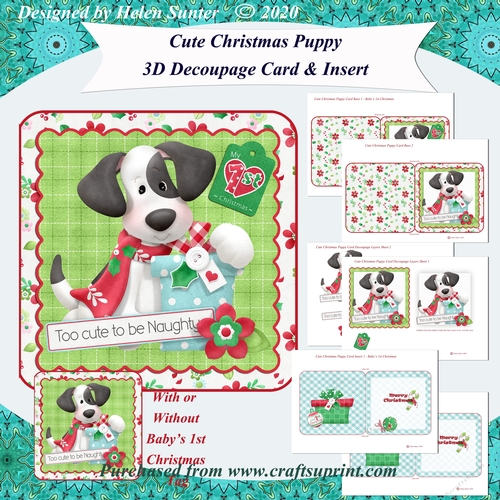 Cute Christmas Puppy 3D Decoupage Card & Inserts with and without Babys 1st Christmas Tag