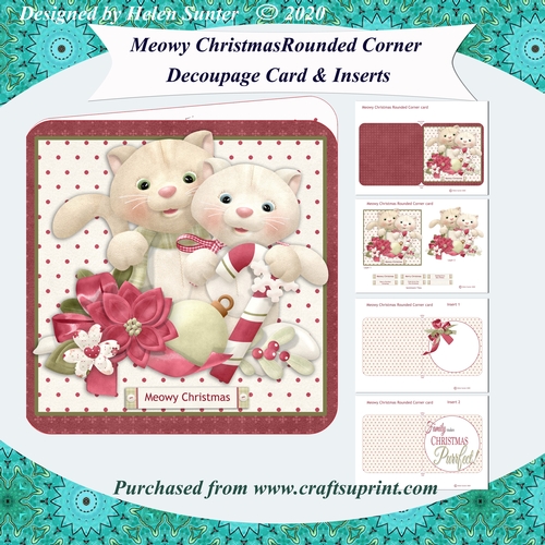 Meowy Christmas Rounded Corner Decoupage Card Kit with Inserts