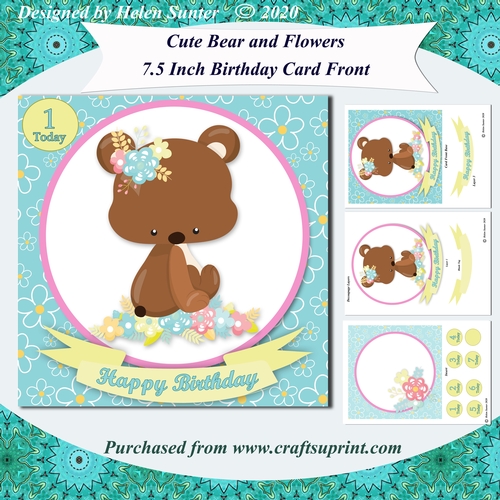Cute Bear and Flowers 7.5 Inch Birthday Card Front with Insert and Ages Tiles