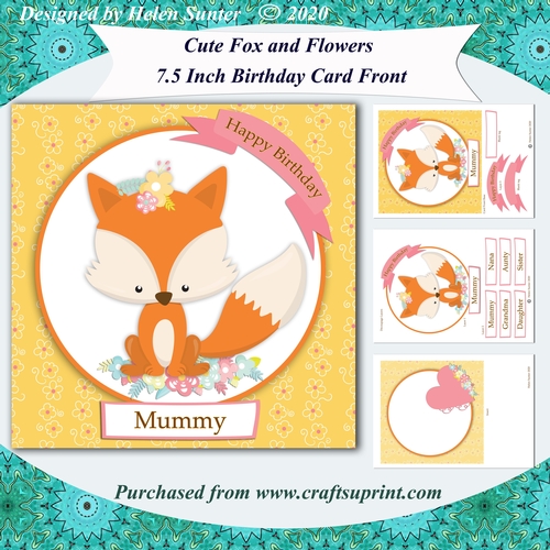 Cute Fox and Flowers 7.5 Inch Birthday Card Front & Insert Kit