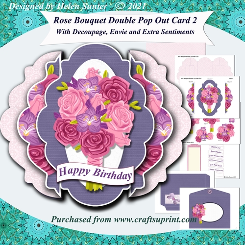 Rose Bouquet Fancy Edge Double Pop Out Card and Envelope Pink Base Card