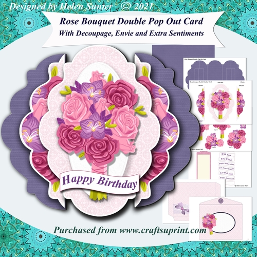 Rose Bouquet Fancy Edge Double Pop Out Card and Envelope Purple Base Card