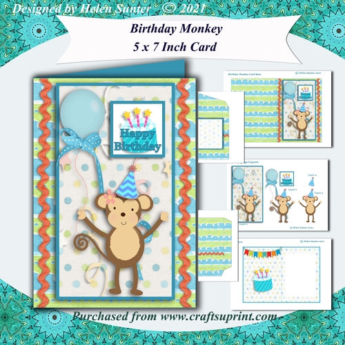 Birthday Monkey 5 x 7 Inch 3D Decoupage Card, insert & envelope