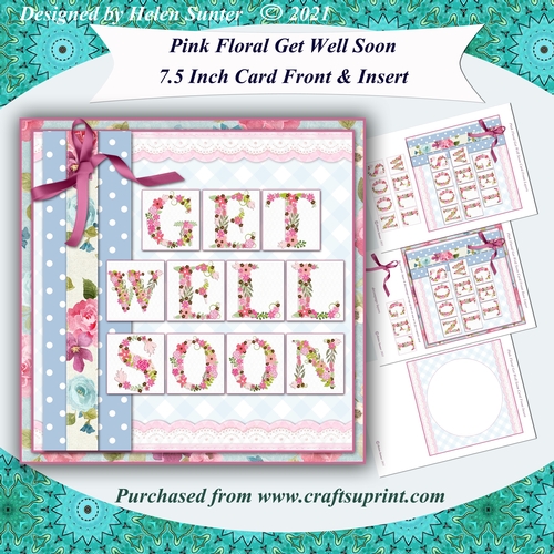 Pink Floral Get Well Soon 7.5 Inch Card Front & Insert