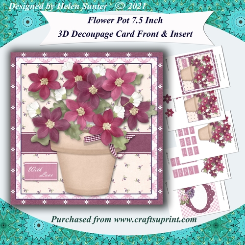Flower Pot 7.5 Inch 3D Decoupage Card Front & Insert with Extra Sentiments