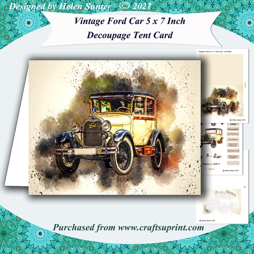Vintage Ford Car 5 x 7 Inch Tent Card with Decoupage & Insert