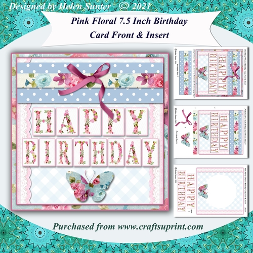 Pink Floral 7.5 Inch Birthday Card Front & Insert