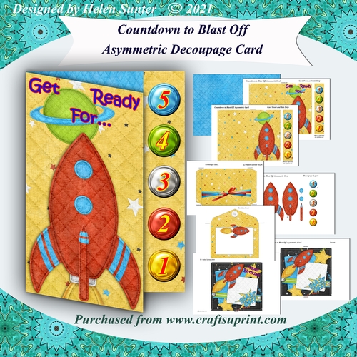 Countdown to Blast Off Asymmetric 3D Decoupage Card and Matching Envelope