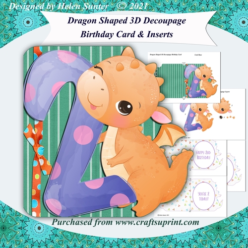 Dragon Shaped 3D Decoupage Second Birthday Card & Inserts