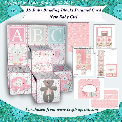 3D Pyramid Baby Building Blocks Card & Envelope New Baby Girl