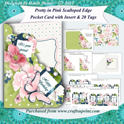 Pretty In Pink Scalloped Edge Pocket Card & Insert & 20 Tags