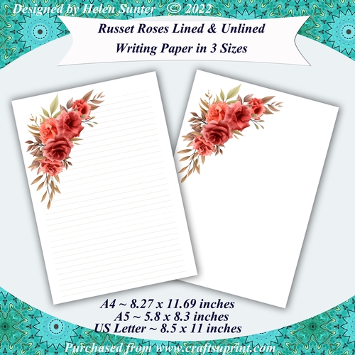 Russet Red Roses Stationery Set 1, Lined & Unlined Writing Paper, A4 A5 US Letter Size, Note Paper 