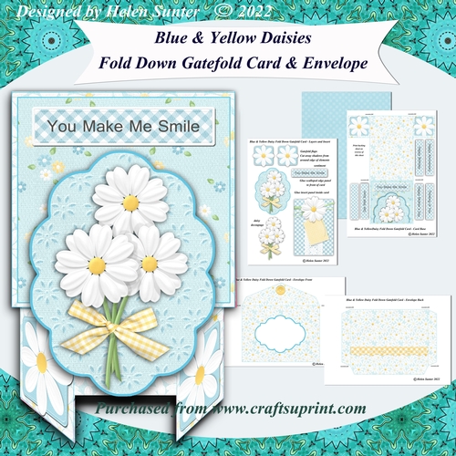 Blue and Yellow Daisies Fold Down Gatefold Card & Envelope