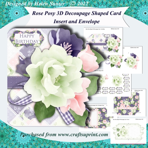 Rose Posy 3D Decoupage Shaped Card with Insert, Envelope and Extra Sentiments
