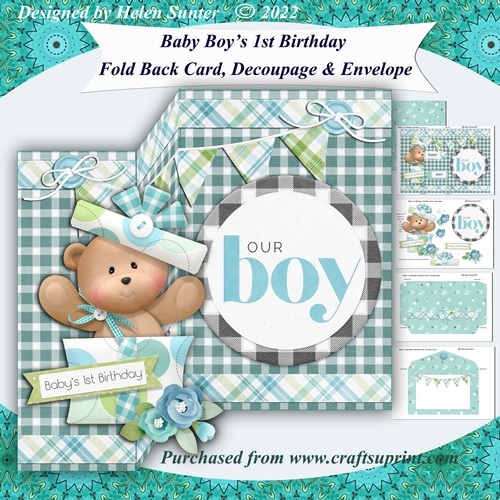 Baby Boys First Birthday Fold Back Card and Envelope
