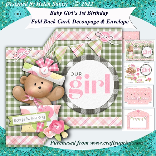 Baby Girls First Birthday Fold Back Card and Envelope