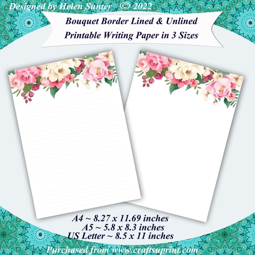 Bouquet Border Stationery Set Lined & Unlined Writing Paper and Envelope, A4 A5 US Letter Size